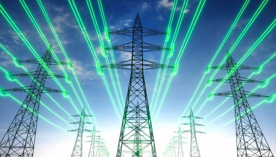 Pylons with green power lines